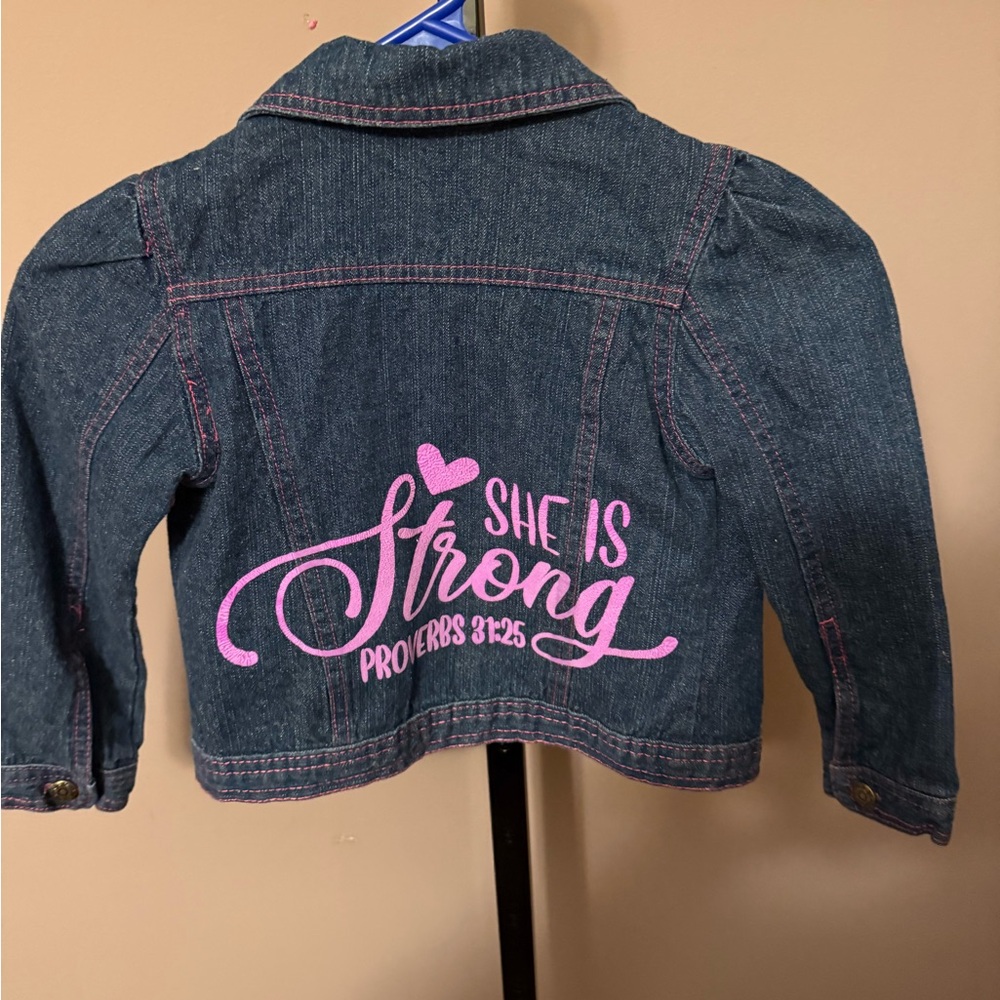 1 of a kind custom Girls size 6 jean jacket, She is Strong